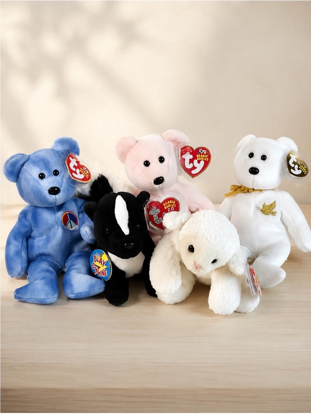5 TY Beanie Babies 2-Curly, Holy Father, Beanie Babies 2.0 Skunk & Lamb – NWTS
